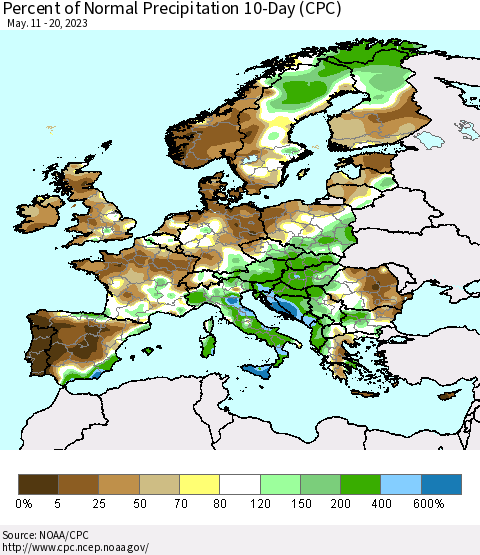 Europe Percent of Normal Precipitation 10-Day (CPC) Thematic Map For 5/11/2023 - 5/20/2023