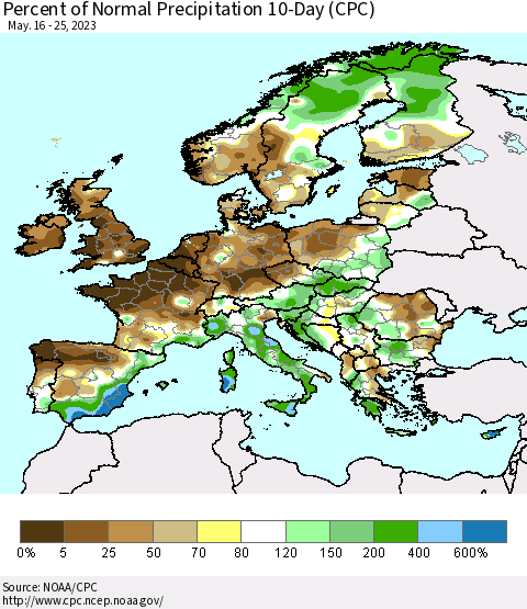 Europe Percent of Normal Precipitation 10-Day (CPC) Thematic Map For 5/16/2023 - 5/25/2023