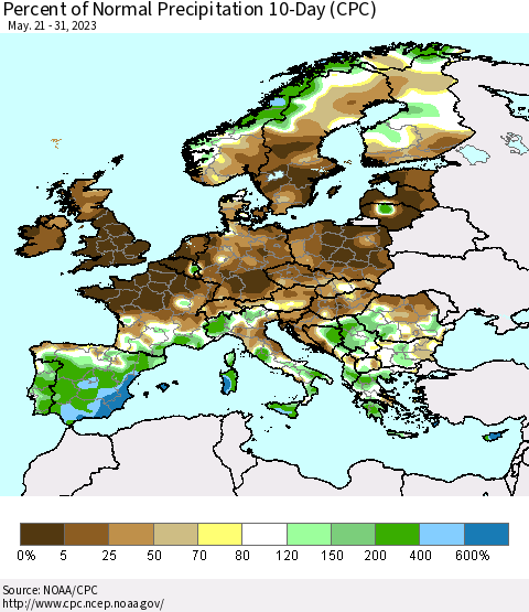 Europe Percent of Normal Precipitation 10-Day (CPC) Thematic Map For 5/21/2023 - 5/31/2023