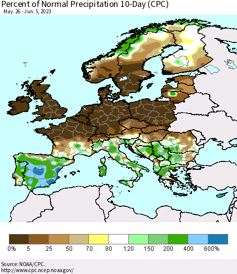 Europe Percent of Normal Precipitation 10-Day (CPC) Thematic Map For 5/26/2023 - 6/5/2023