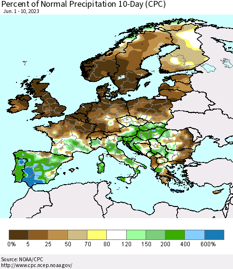 Europe Percent of Normal Precipitation 10-Day (CPC) Thematic Map For 6/1/2023 - 6/10/2023