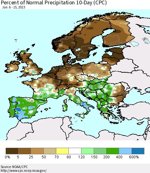 Europe Percent of Normal Precipitation 10-Day (CPC) Thematic Map For 6/6/2023 - 6/15/2023