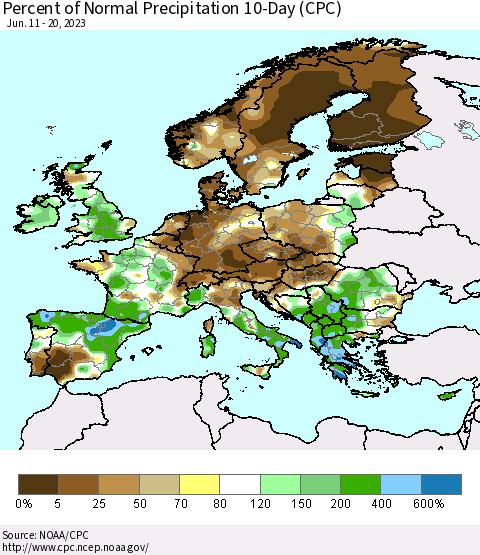 Europe Percent of Normal Precipitation 10-Day (CPC) Thematic Map For 6/11/2023 - 6/20/2023