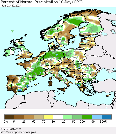 Europe Percent of Normal Precipitation 10-Day (CPC) Thematic Map For 6/21/2023 - 6/30/2023