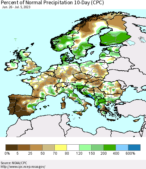 Europe Percent of Normal Precipitation 10-Day (CPC) Thematic Map For 6/26/2023 - 7/5/2023