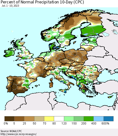 Europe Percent of Normal Precipitation 10-Day (CPC) Thematic Map For 7/1/2023 - 7/10/2023