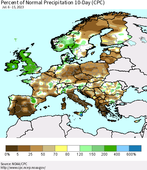 Europe Percent of Normal Precipitation 10-Day (CPC) Thematic Map For 7/6/2023 - 7/15/2023