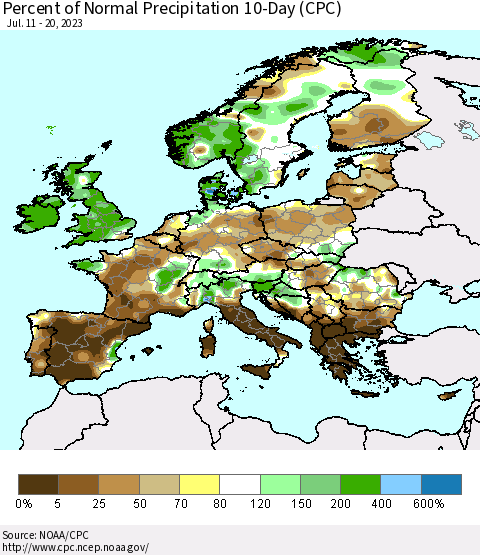 Europe Percent of Normal Precipitation 10-Day (CPC) Thematic Map For 7/11/2023 - 7/20/2023
