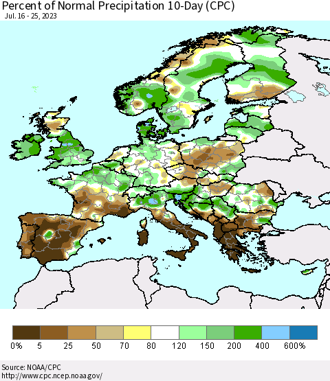 Europe Percent of Normal Precipitation 10-Day (CPC) Thematic Map For 7/16/2023 - 7/25/2023