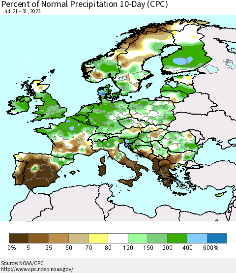 Europe Percent of Normal Precipitation 10-Day (CPC) Thematic Map For 7/21/2023 - 7/31/2023