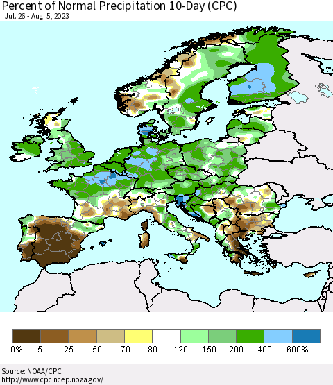 Europe Percent of Normal Precipitation 10-Day (CPC) Thematic Map For 7/26/2023 - 8/5/2023