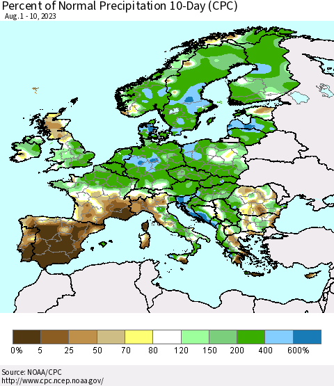 Europe Percent of Normal Precipitation 10-Day (CPC) Thematic Map For 8/1/2023 - 8/10/2023