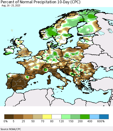 Europe Percent of Normal Precipitation 10-Day (CPC) Thematic Map For 8/16/2023 - 8/25/2023