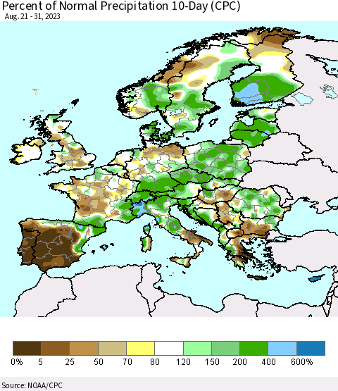 Europe Percent of Normal Precipitation 10-Day (CPC) Thematic Map For 8/21/2023 - 8/31/2023