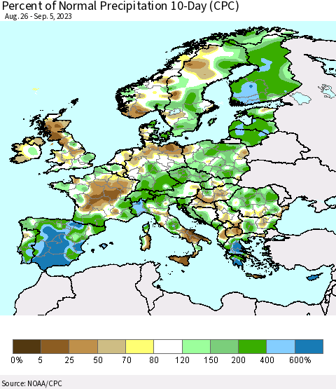 Europe Percent of Normal Precipitation 10-Day (CPC) Thematic Map For 8/26/2023 - 9/5/2023