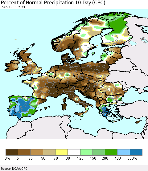 Europe Percent of Normal Precipitation 10-Day (CPC) Thematic Map For 9/1/2023 - 9/10/2023