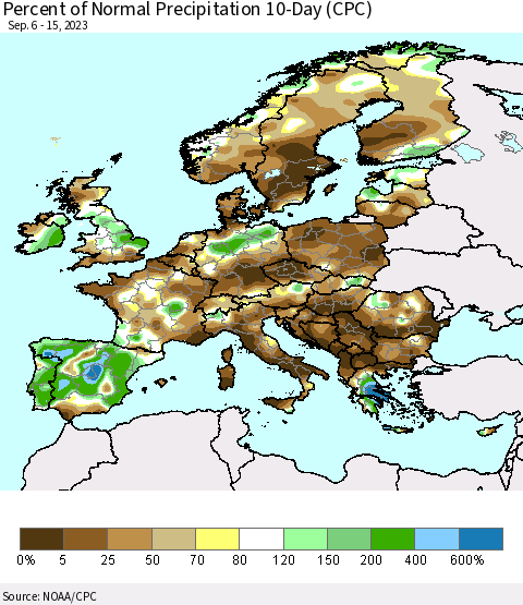 Europe Percent of Normal Precipitation 10-Day (CPC) Thematic Map For 9/6/2023 - 9/15/2023