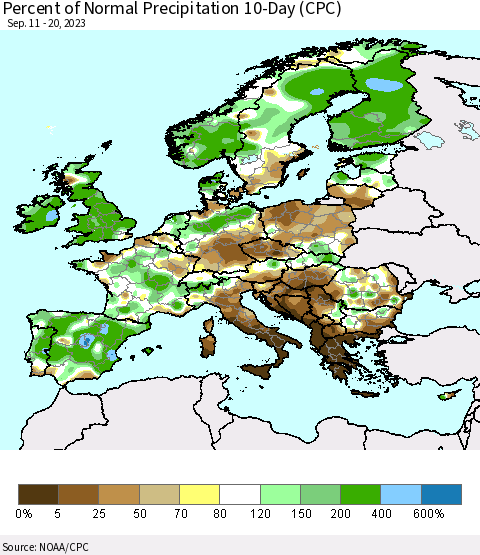 Europe Percent of Normal Precipitation 10-Day (CPC) Thematic Map For 9/11/2023 - 9/20/2023