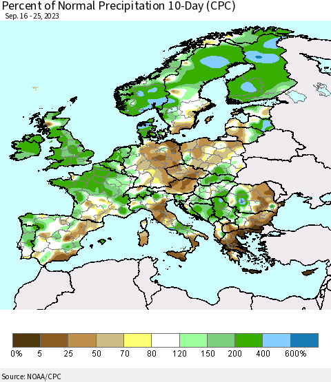 Europe Percent of Normal Precipitation 10-Day (CPC) Thematic Map For 9/16/2023 - 9/25/2023