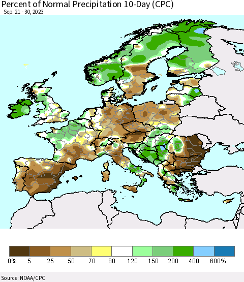 Europe Percent of Normal Precipitation 10-Day (CPC) Thematic Map For 9/21/2023 - 9/30/2023