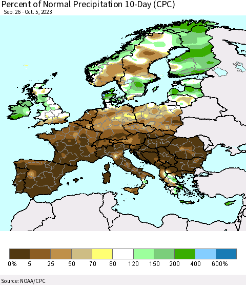 Europe Percent of Normal Precipitation 10-Day (CPC) Thematic Map For 9/26/2023 - 10/5/2023