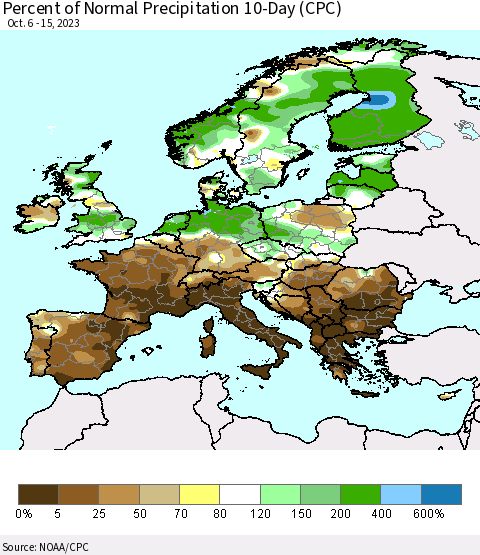Europe Percent of Normal Precipitation 10-Day (CPC) Thematic Map For 10/6/2023 - 10/15/2023