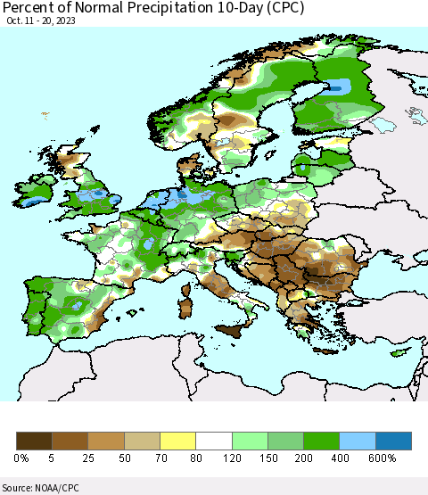Europe Percent of Normal Precipitation 10-Day (CPC) Thematic Map For 10/11/2023 - 10/20/2023