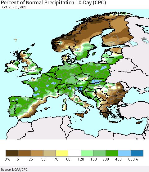 Europe Percent of Normal Precipitation 10-Day (CPC) Thematic Map For 10/21/2023 - 10/31/2023