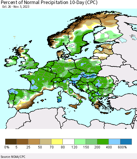 Europe Percent of Normal Precipitation 10-Day (CPC) Thematic Map For 10/26/2023 - 11/5/2023