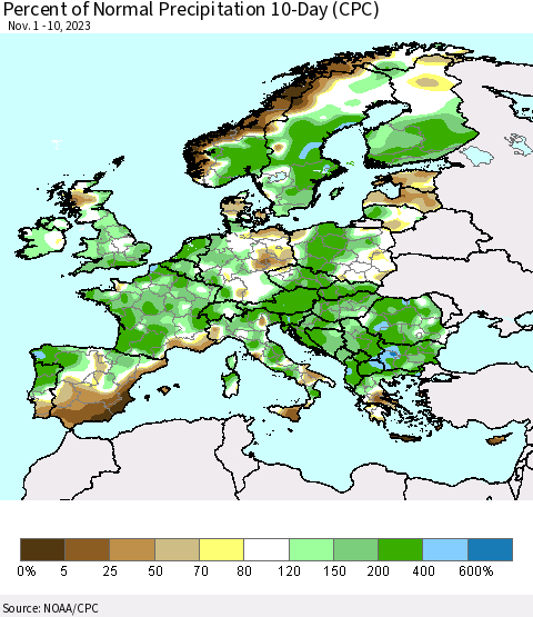 Europe Percent of Normal Precipitation 10-Day (CPC) Thematic Map For 11/1/2023 - 11/10/2023