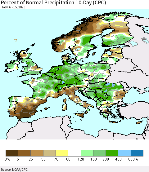 Europe Percent of Normal Precipitation 10-Day (CPC) Thematic Map For 11/6/2023 - 11/15/2023