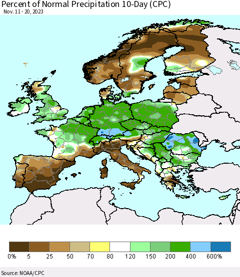 Europe Percent of Normal Precipitation 10-Day (CPC) Thematic Map For 11/11/2023 - 11/20/2023