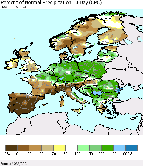 Europe Percent of Normal Precipitation 10-Day (CPC) Thematic Map For 11/16/2023 - 11/25/2023