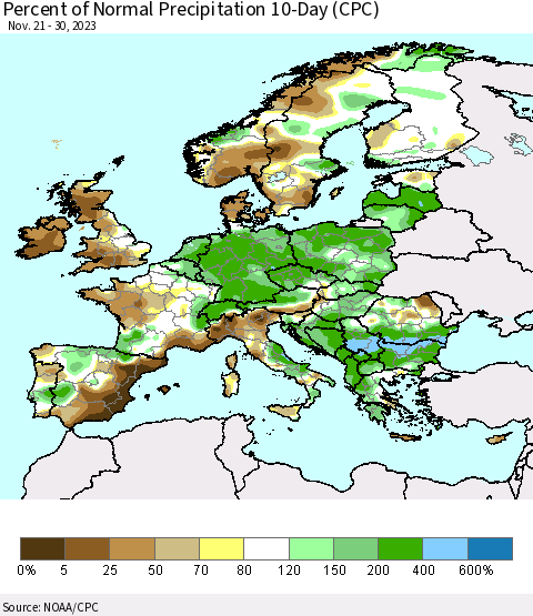 Europe Percent of Normal Precipitation 10-Day (CPC) Thematic Map For 11/21/2023 - 11/30/2023
