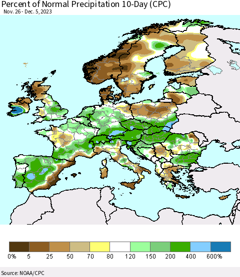 Europe Percent of Normal Precipitation 10-Day (CPC) Thematic Map For 11/26/2023 - 12/5/2023
