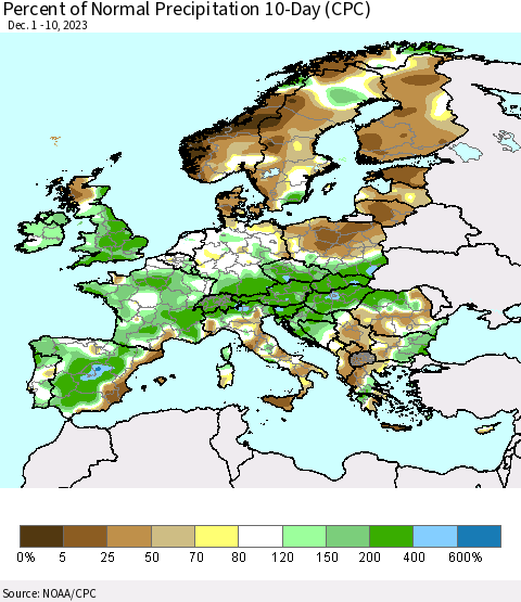 Europe Percent of Normal Precipitation 10-Day (CPC) Thematic Map For 12/1/2023 - 12/10/2023
