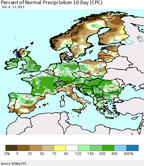 Europe Percent of Normal Precipitation 10-Day (CPC) Thematic Map For 12/6/2023 - 12/15/2023