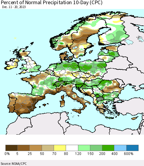 Europe Percent of Normal Precipitation 10-Day (CPC) Thematic Map For 12/11/2023 - 12/20/2023
