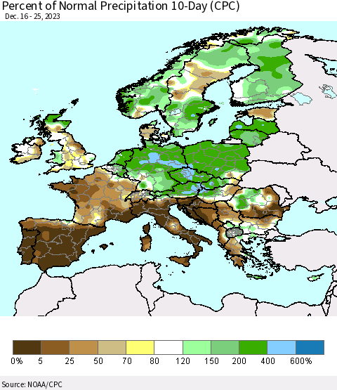 Europe Percent of Normal Precipitation 10-Day (CPC) Thematic Map For 12/16/2023 - 12/25/2023