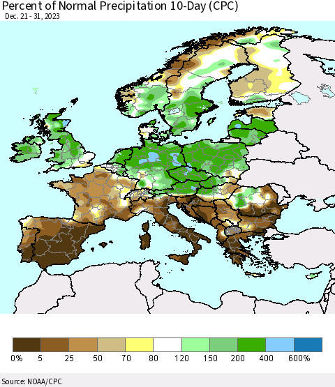 Europe Percent of Normal Precipitation 10-Day (CPC) Thematic Map For 12/21/2023 - 12/31/2023