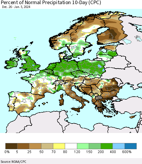 Europe Percent of Normal Precipitation 10-Day (CPC) Thematic Map For 12/26/2023 - 1/5/2024