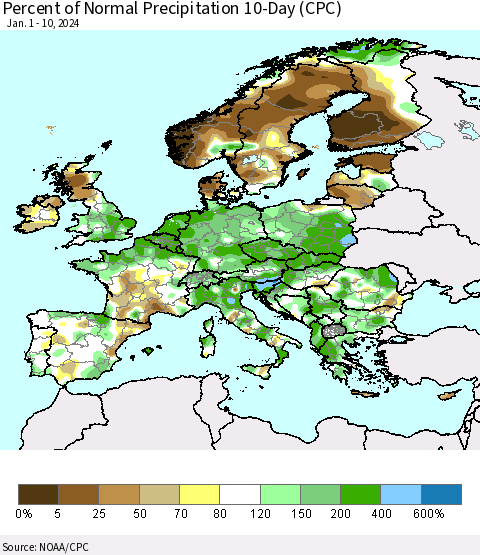 Europe Percent of Normal Precipitation 10-Day (CPC) Thematic Map For 1/1/2024 - 1/10/2024