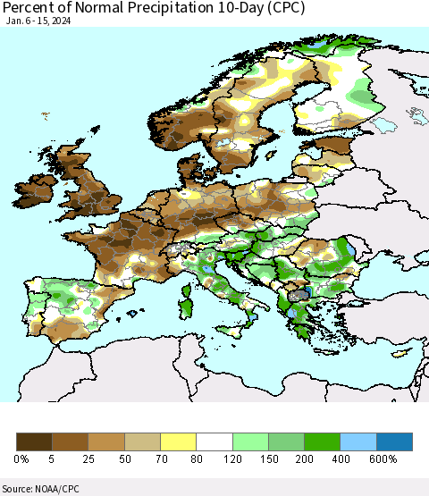 Europe Percent of Normal Precipitation 10-Day (CPC) Thematic Map For 1/6/2024 - 1/15/2024