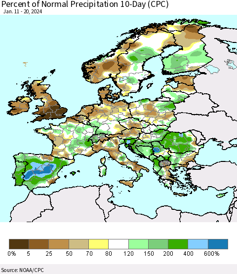Europe Percent of Normal Precipitation 10-Day (CPC) Thematic Map For 1/11/2024 - 1/20/2024