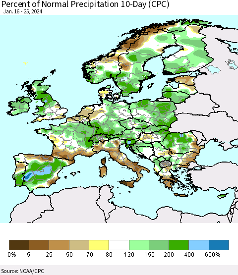 Europe Percent of Normal Precipitation 10-Day (CPC) Thematic Map For 1/16/2024 - 1/25/2024