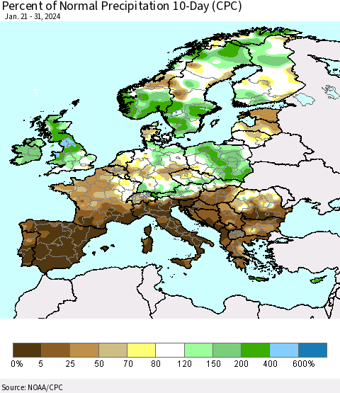 Europe Percent of Normal Precipitation 10-Day (CPC) Thematic Map For 1/21/2024 - 1/31/2024