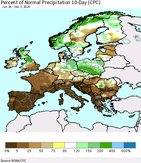Europe Percent of Normal Precipitation 10-Day (CPC) Thematic Map For 1/26/2024 - 2/5/2024