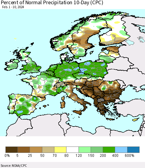 Europe Percent of Normal Precipitation 10-Day (CPC) Thematic Map For 2/1/2024 - 2/10/2024