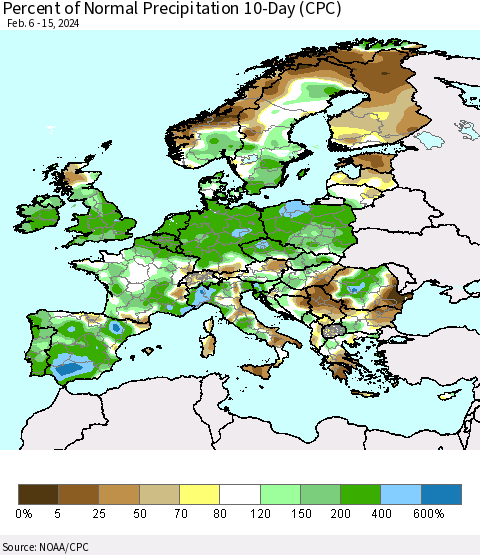 Europe Percent of Normal Precipitation 10-Day (CPC) Thematic Map For 2/6/2024 - 2/15/2024