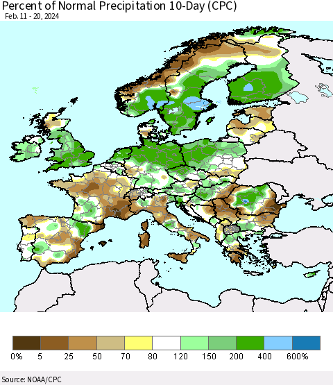 Europe Percent of Normal Precipitation 10-Day (CPC) Thematic Map For 2/11/2024 - 2/20/2024